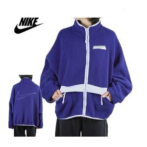 (M) $140 Nike NSW Swoosh Sherpa Oversized Fleece‎ Zip-Up Jacket Navy Blue Sherpa